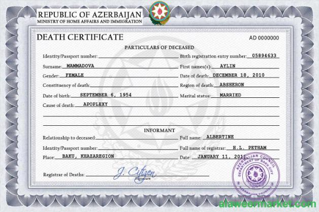 Azerbaijan vital record death certificate PSD template